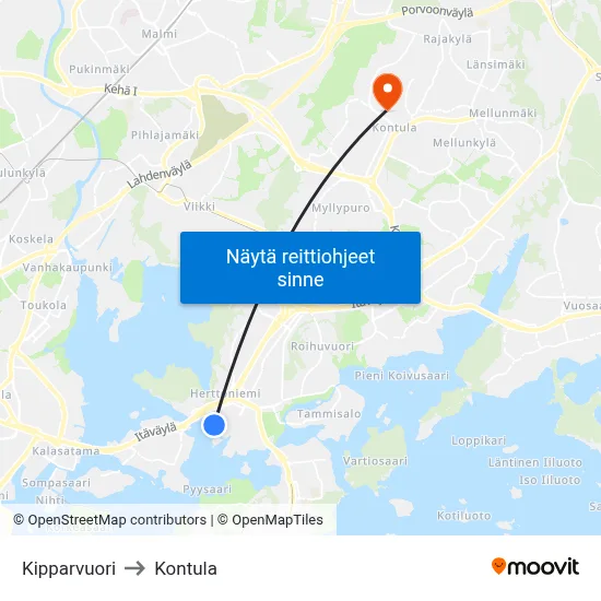 Kipparvuori to Kontula map