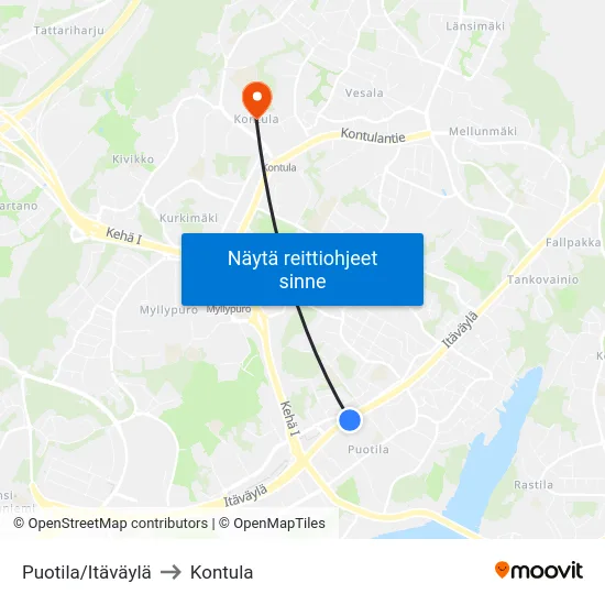 Puotila/Itäväylä to Kontula map