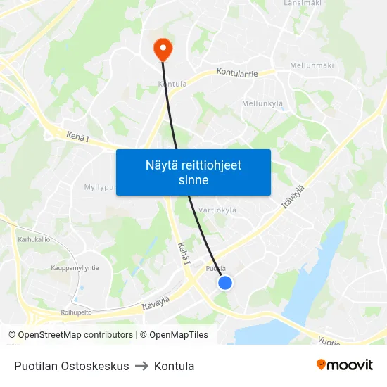 Puotilan Ostoskeskus to Kontula map