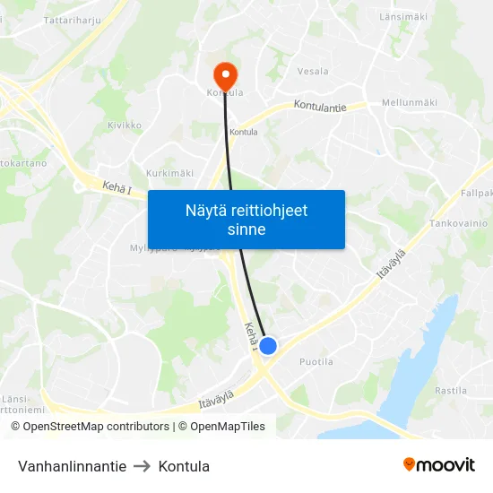 Vanhanlinnantie to Kontula map