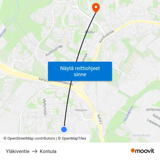 Yläkiventie to Kontula map