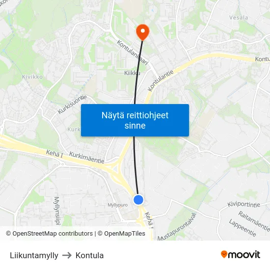 Liikuntamylly to Kontula map