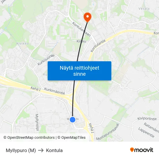 Myllypuro (M) to Kontula map