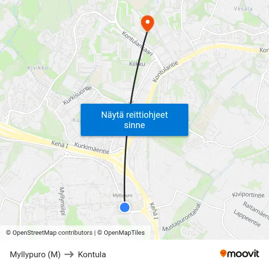 Myllypuro (M) to Kontula map