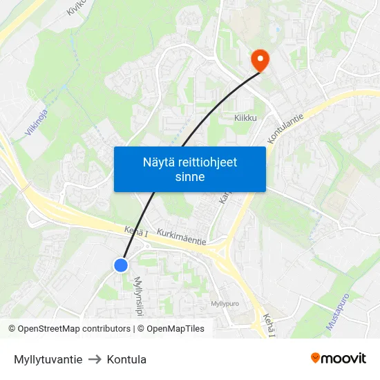 Myllytuvantie to Kontula map