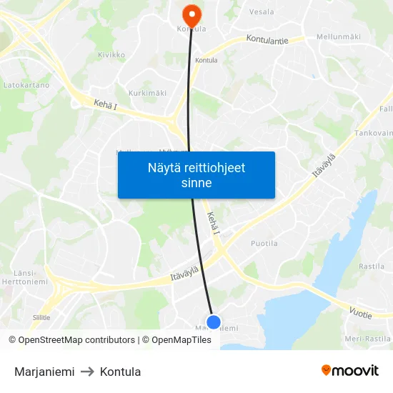 Marjaniemi to Kontula map
