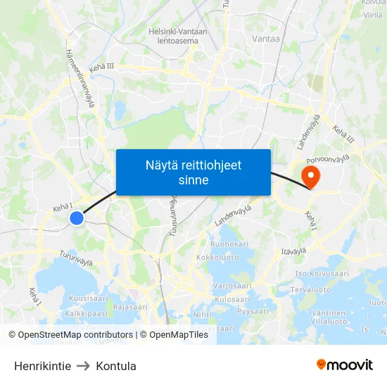 Henrikintie to Kontula map