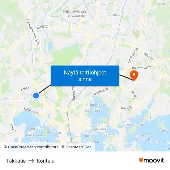 Takkatie to Kontula map