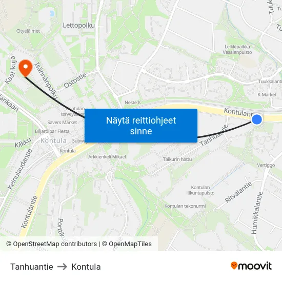 Tanhuantie to Kontula map