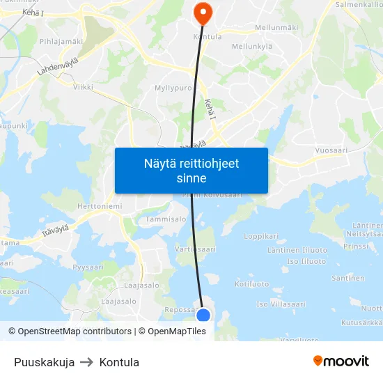 Puuskakuja to Kontula map