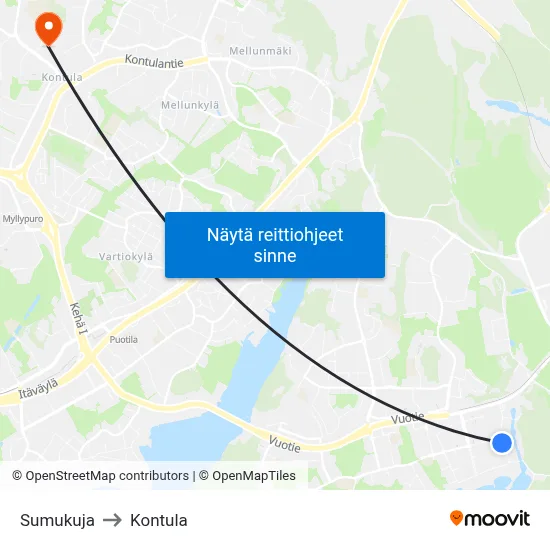 Sumukuja to Kontula map