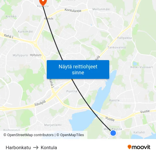 Harbonkatu to Kontula map