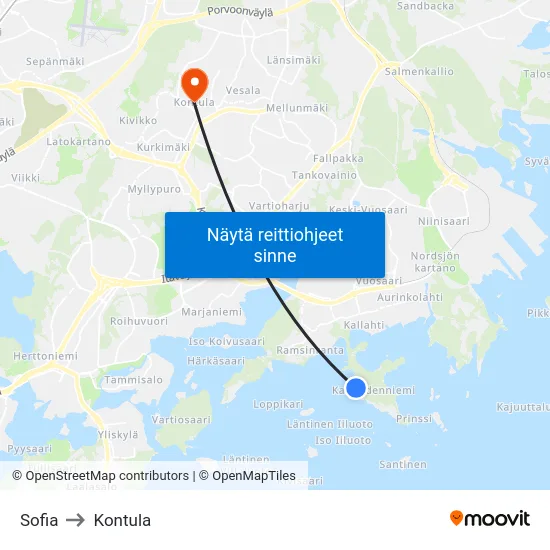 Sofia to Kontula map