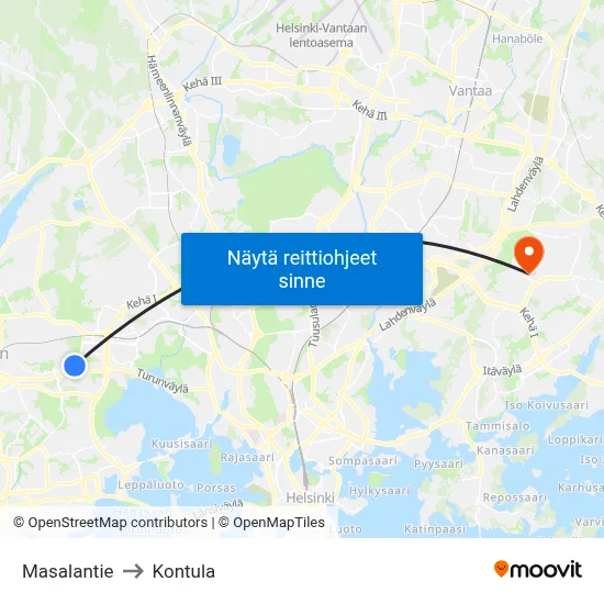 Masalantie to Kontula map