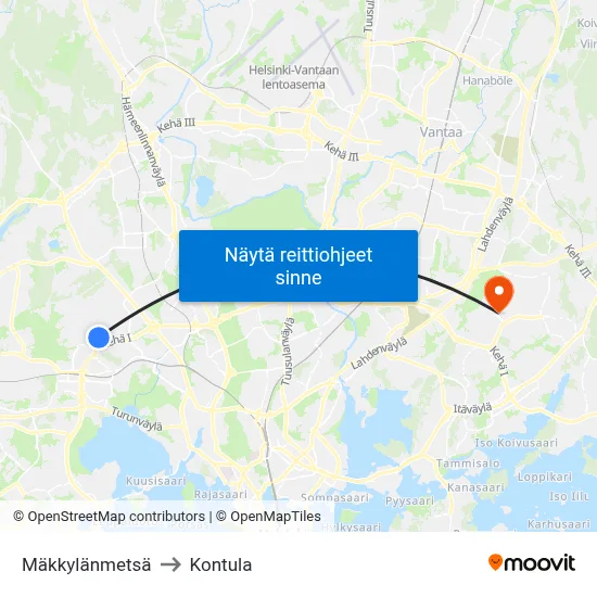 Mäkkylänmetsä to Kontula map