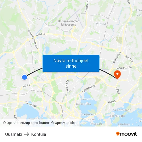 Uusmäki to Kontula map