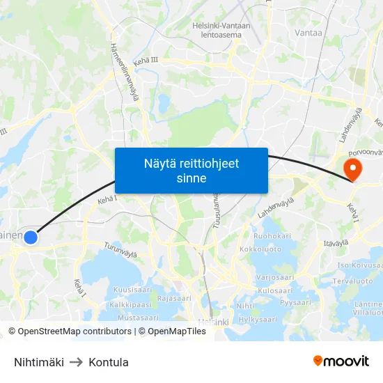 Nihtimäki to Kontula map