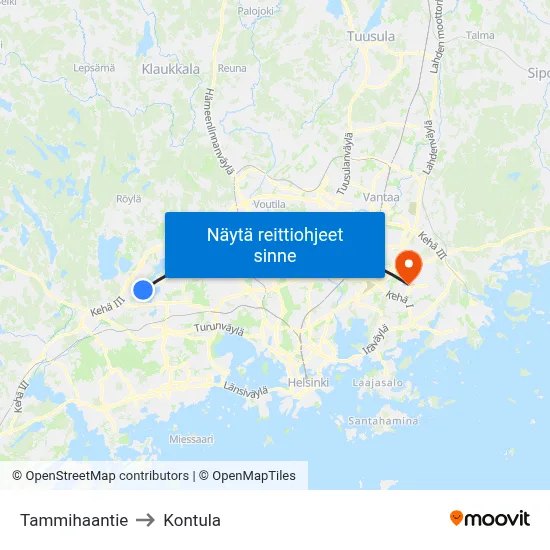 Tammihaantie to Kontula map