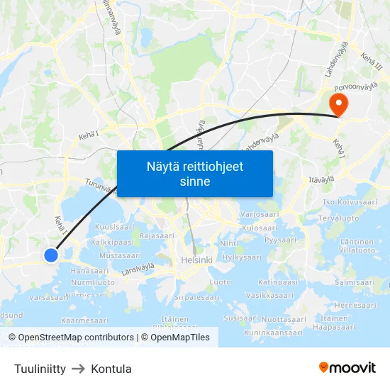 Tuuliniitty to Kontula map