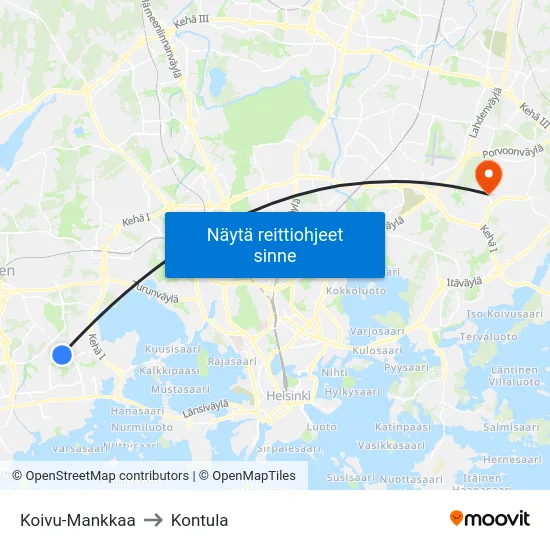 Koivu-Mankkaa to Kontula map