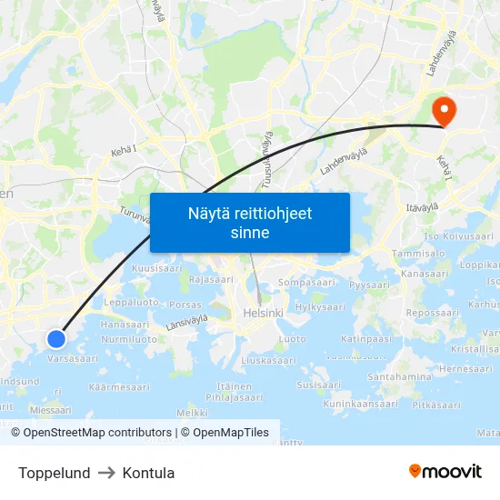 Toppelund to Kontula map