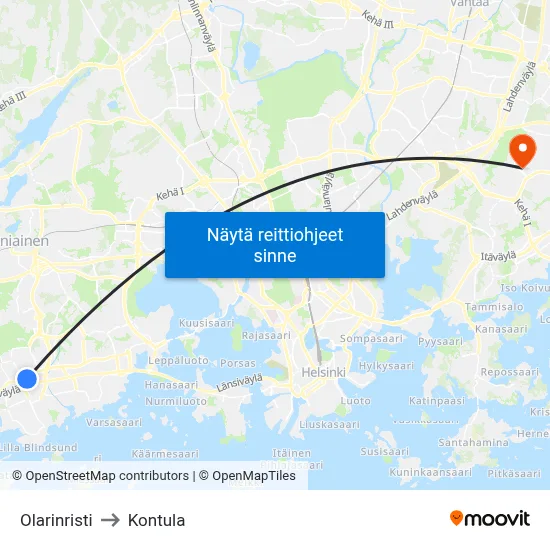 Olarinristi to Kontula map