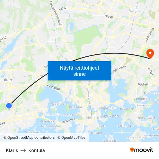 Klaris to Kontula map