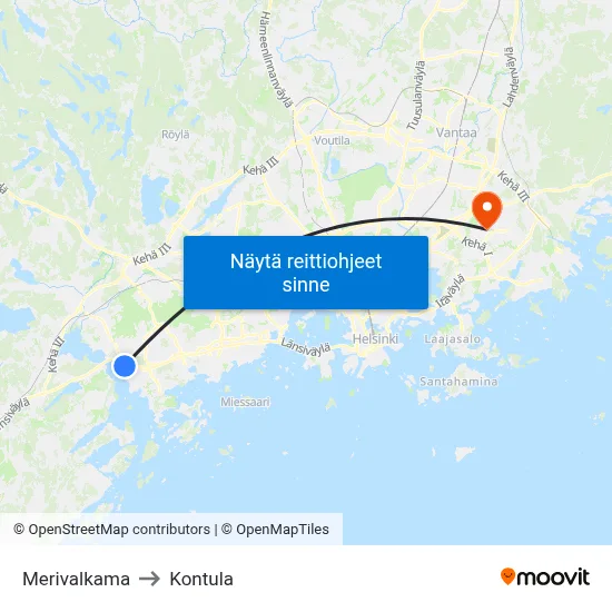 Merivalkama to Kontula map