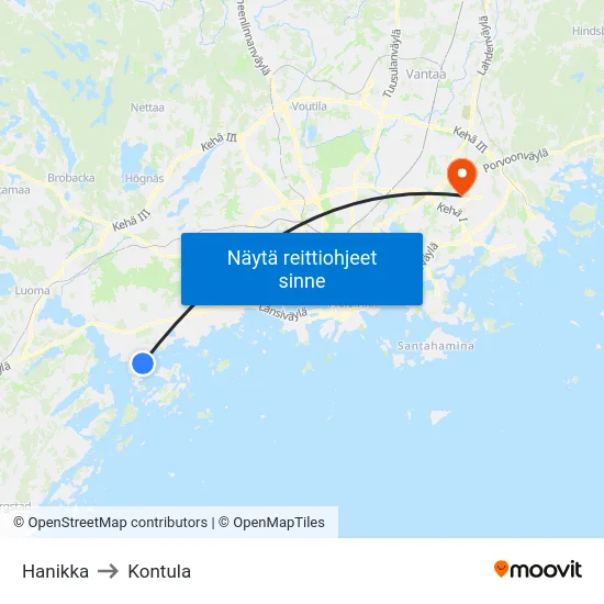 Hanikka to Kontula map