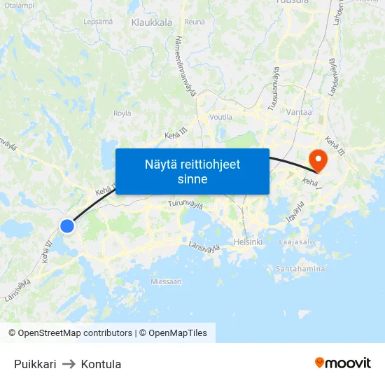 Puikkari to Kontula map