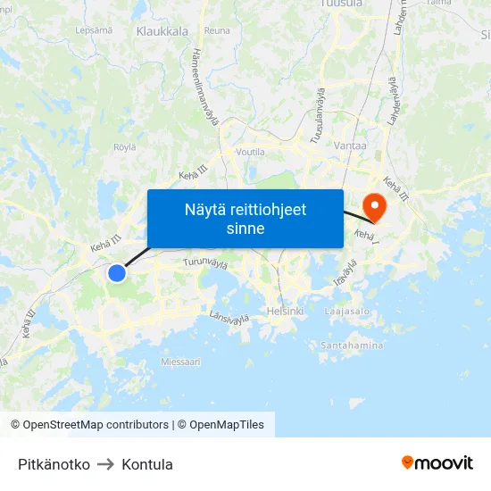 Pitkänotko to Kontula map