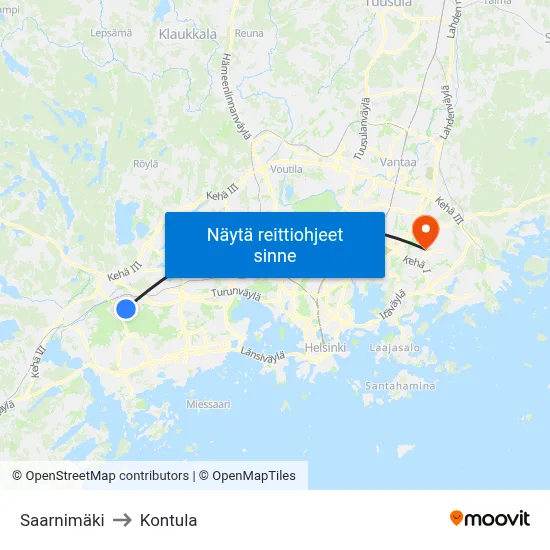 Saarnimäki to Kontula map