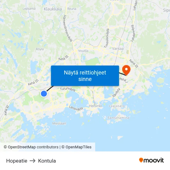 Hopeatie to Kontula map