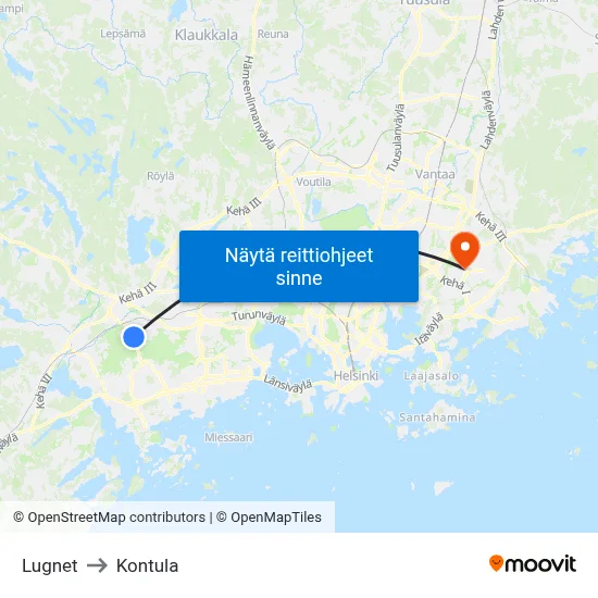 Lugnet to Kontula map