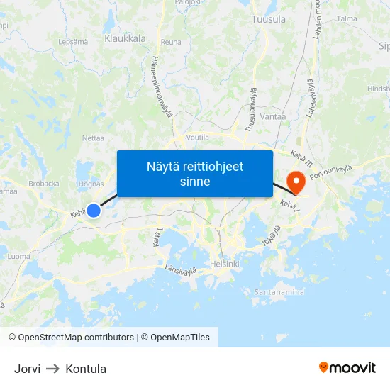 Jorvi to Kontula map