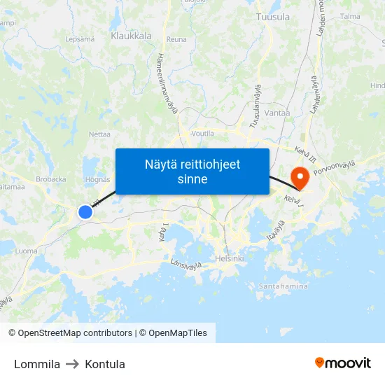 Lommila to Kontula map