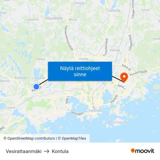 Vesirattaanmäki to Kontula map