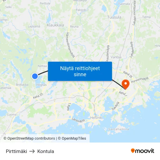 Pirttimäki to Kontula map