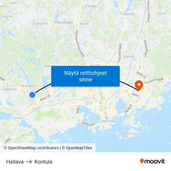 Hallava to Kontula map