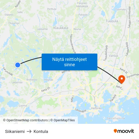 Siikaniemi to Kontula map