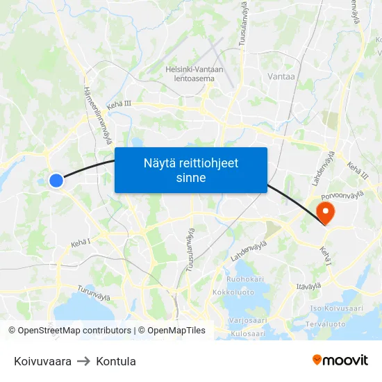 Koivuvaara to Kontula map
