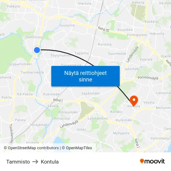 Tammisto to Kontula map