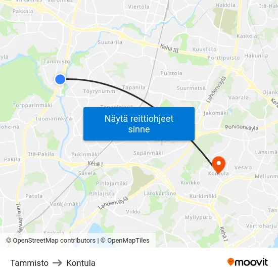 Tammisto to Kontula map