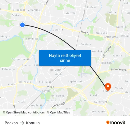 Backas to Kontula map