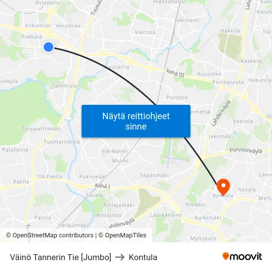 Väinö Tannerin Tie [Jumbo] to Kontula map