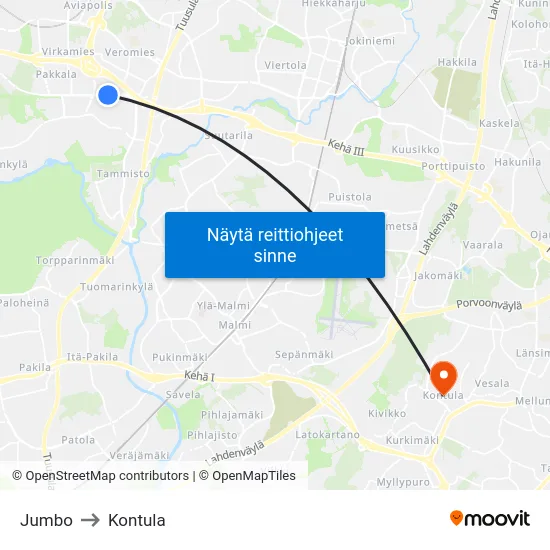 Jumbo to Kontula map