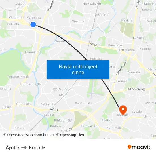 Äyritie to Kontula map