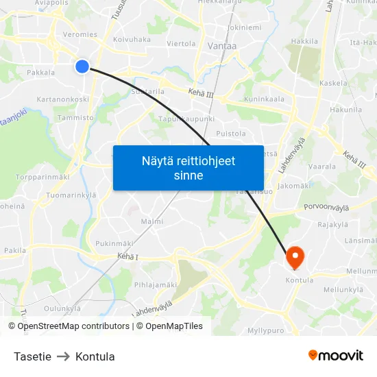 Tasetie to Kontula map