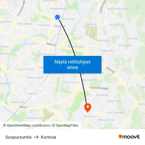 Suopursuntie to Kontula map
