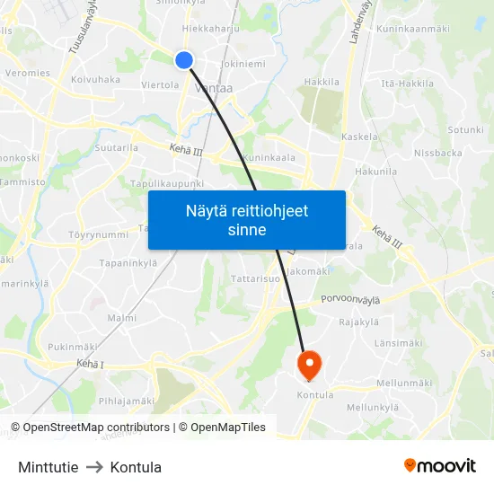 Minttutie to Kontula map
